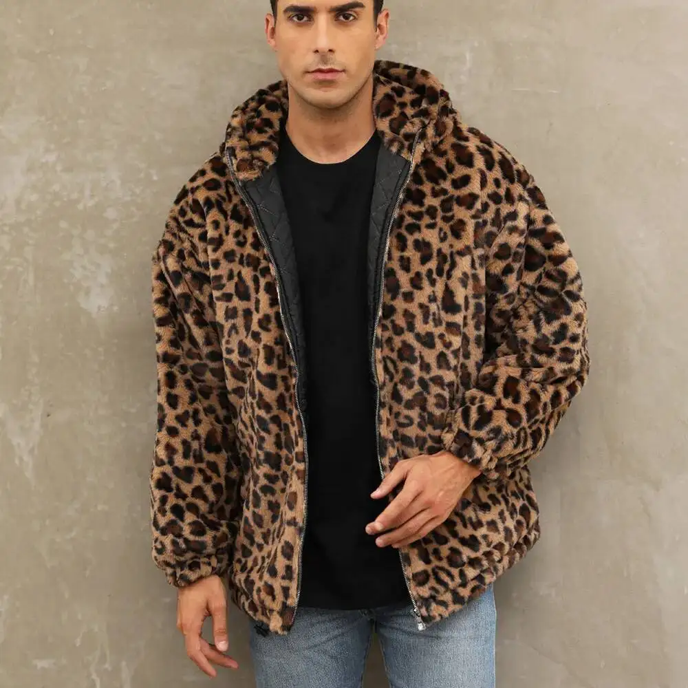 

Autumn And Winter Warm Plush Leopard Print Imitation Fur Zipper Hooded Jacket For Men