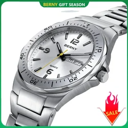 BERNY Watches for Men Calendar Week Quartz Men's Dress Watch Rotating Bezel Retro Male Business Wristwatch Waterproof Easy Read