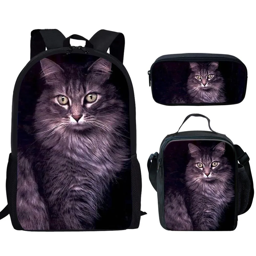 Hip Hop Youthful Maine Coon Cat 3D Print 3pcs/Set Student Travel bags Laptop Daypack Backpack Lunch Bag Pencil Case