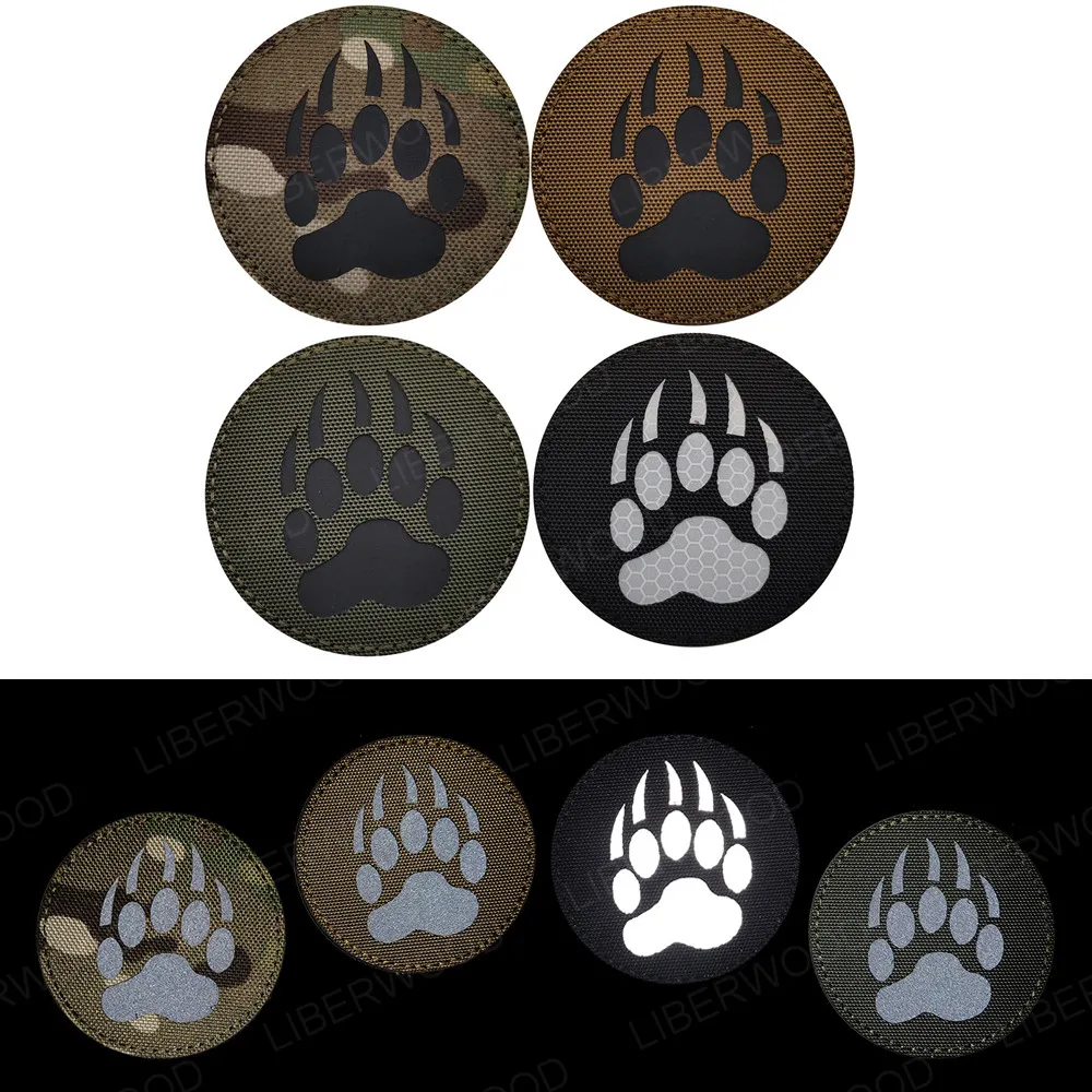 IR Reflective Embroidery PVC Bear Paw Claw Patches Appliqued For Clothing Hat Bag Jackets Backpack Gear