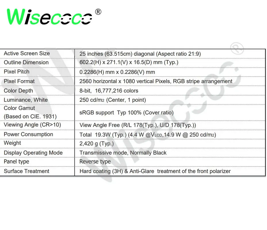 Imagem -03 - Wisecoco 25 Polegada 2560x1080 Ips 21:9 Wide Fhd Tft Lcd Display Lvds dp Placa de Motorista