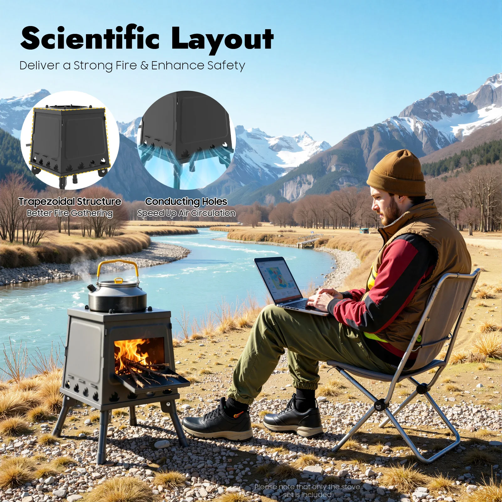 Schwarz/Grün Zeltkocher Tragbarer Windgeschützter Klappbarer Holzofen für Outdoor-Zelte mit Verstellbarem Topfhalter und Großem Einfülltisch – Detail 4