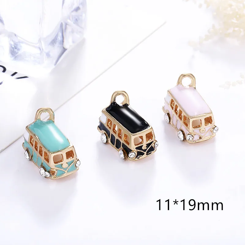 10pcs 3D Camper Van Miniature Pendant Enamel Camper DIY Jewelry Findings Charm with Rhinestone Bus