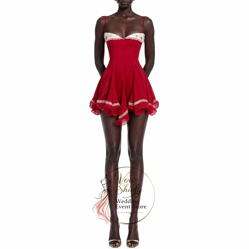 Vow Shiny Vintage Contrast Color Spaghetti Strap Mini Cocktail Dress Ruffle Red  Party Dress Back Zipper Prom Gown Customized ﻿