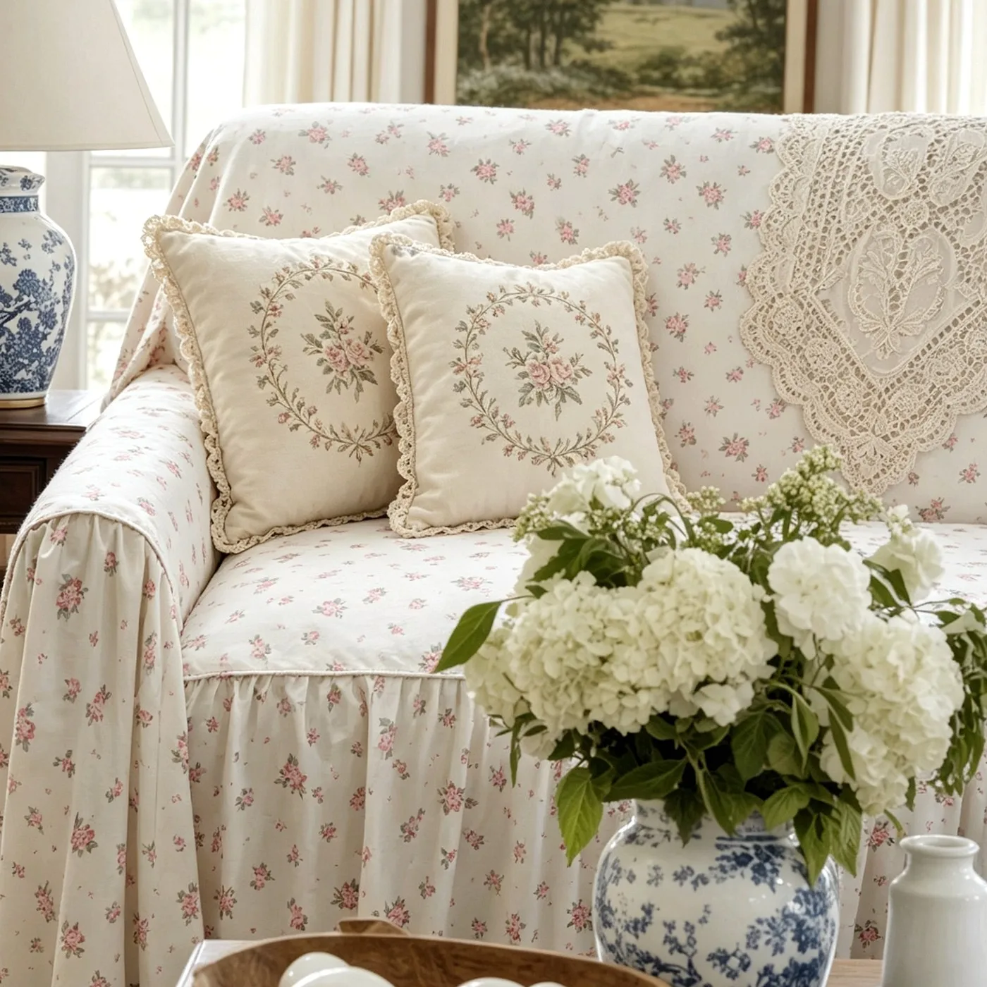 Light Fragrance Soft Shadow - French Korean Pastoral Princess Floral Pure Cotton Sofa Towel 2 and 3 Seater Sofa Cover