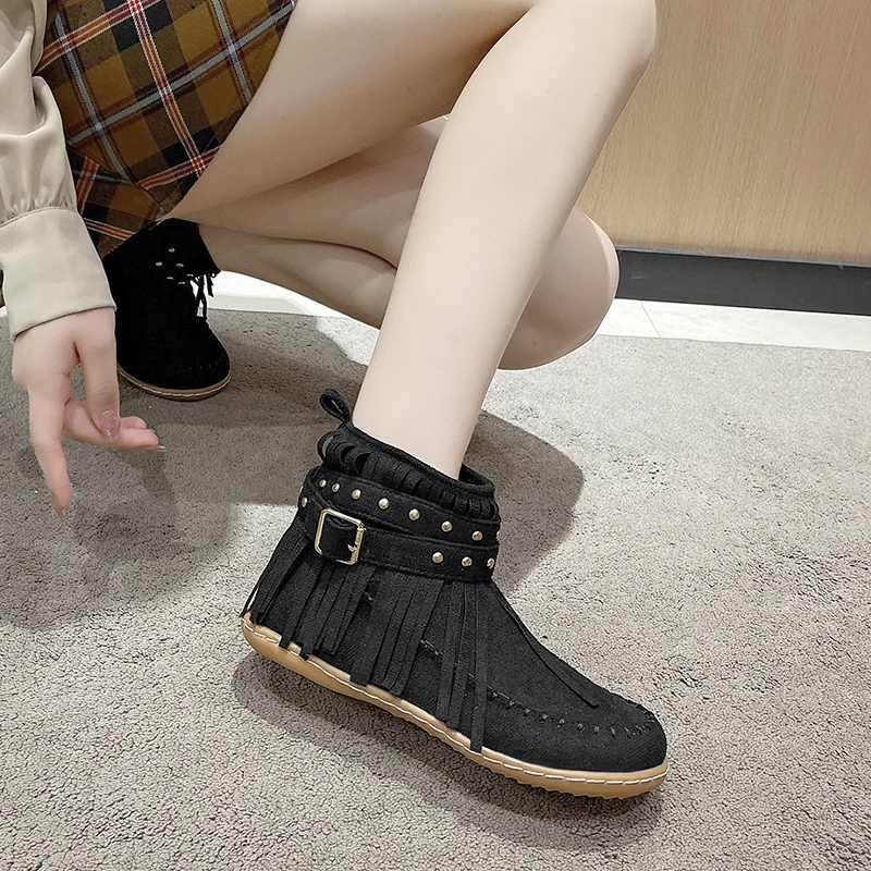 Vintage Women Boots Suede Ankle Boots Fringe Women Shoes Winter Boots Women Side Zipper Casual Shoes Round Toe Ladies Snow Boot