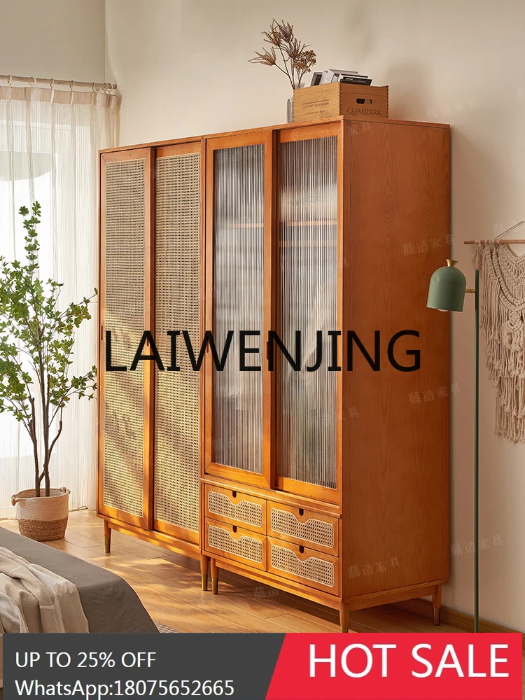 RWJ Silent Wardrobe Bedroom and Household Vintage Rattan Japanese Style Solid Wood Glass Sliding Door