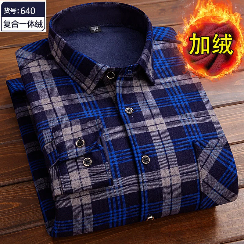 2023 Autumn and Winter New Fashion Trend Men\'s Long-Sleeved Plaid Shirt Plus Fleece Thickened Warm High Quality Plus-Size Shirt