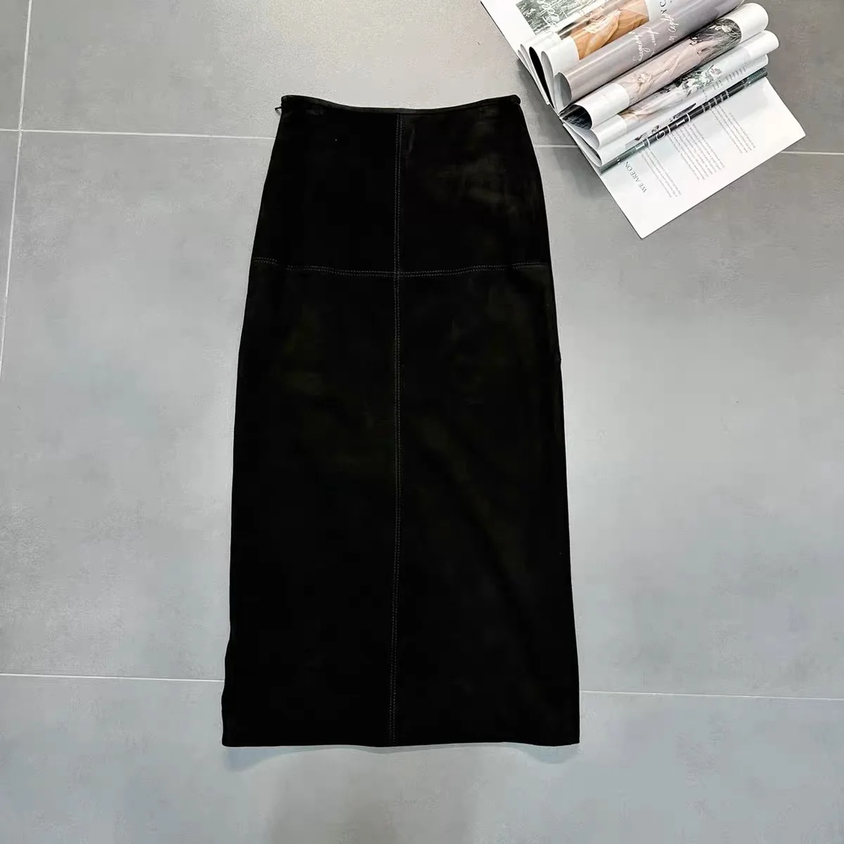 Retro High Grade Suede Real Leather Long Skirt 80cm For Women Upgraded Imported Jupe Back Split Waist Loop Faldas Ankle-Length