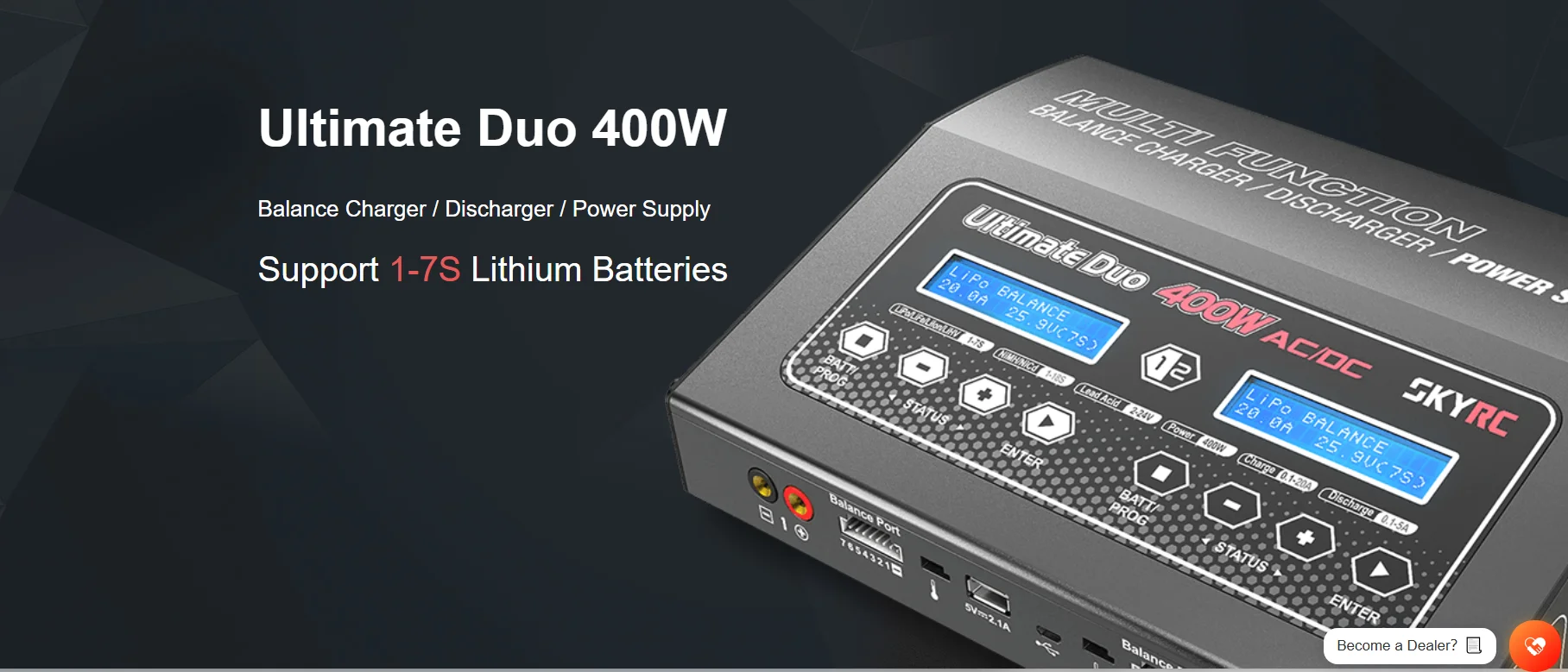 SKYRC D400 Dual-Channel 7S 20A 400W Charger/Discharger Power Supply (150W)
