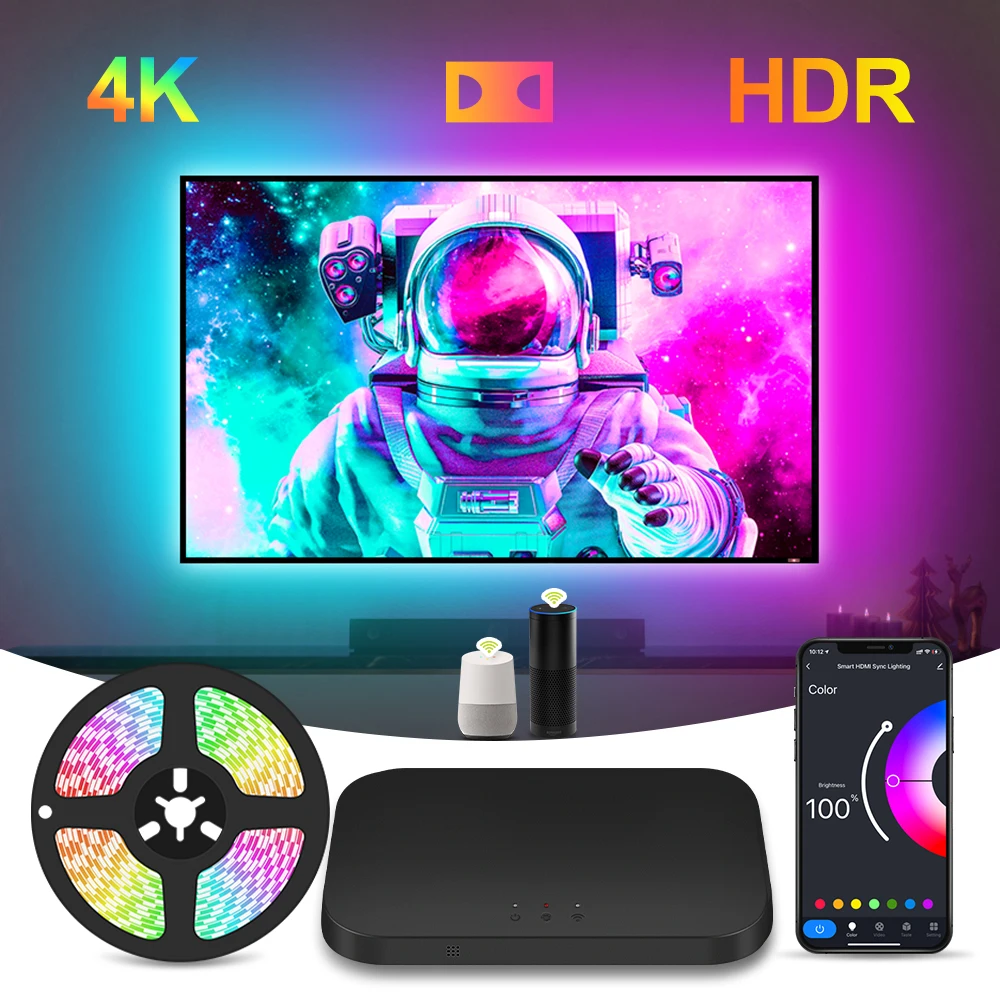 HDMI 2.1 Ambient LED Backlight for 17-120 inch TV PC LED Strip Lights HDMI Sync Box Support 4K 120Hz/HDR/CEC/TV Box/Game Console