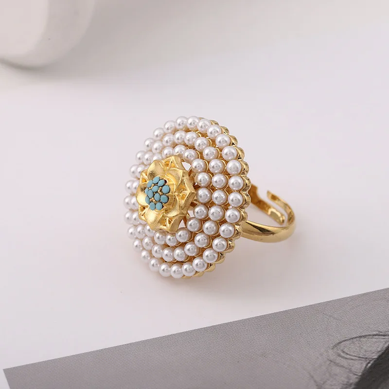 Romatic Women Fashion Gold Necklace Earring Set Pearl Sapphire Round Shape Arabic Style Party Wedding Bride Jewelry Set