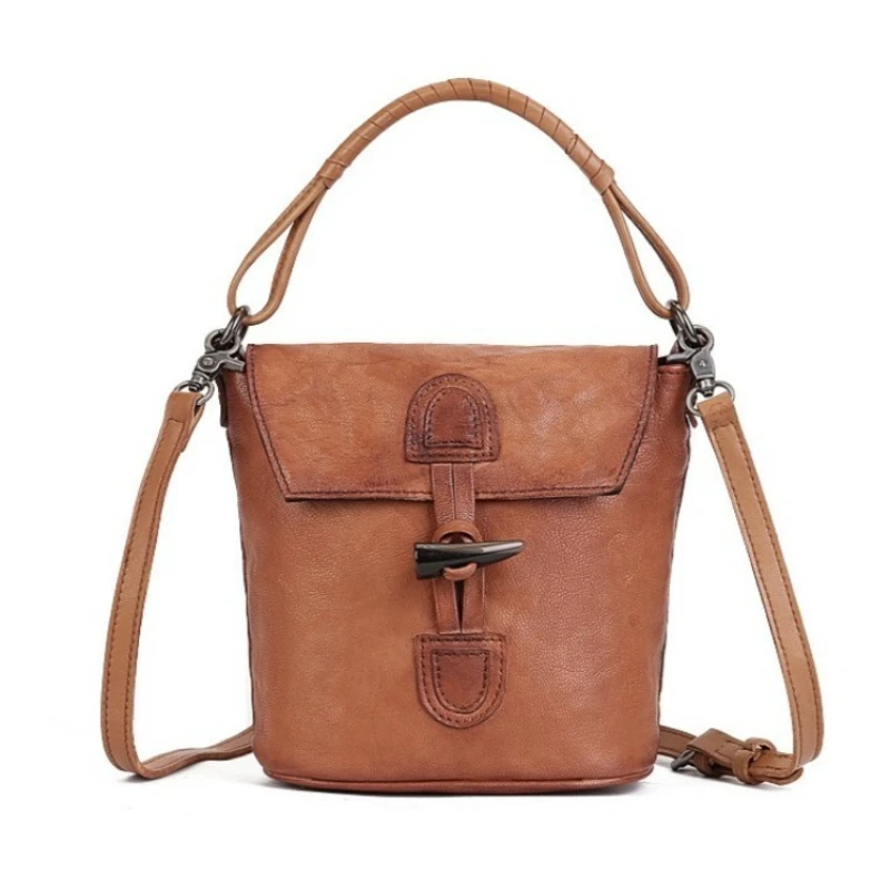 Vintage Bucket Bag for Women Genuine Leather Shoulder Bag Top Grain Leather with Strap Luxury Handbag Sophisticated Everyday
