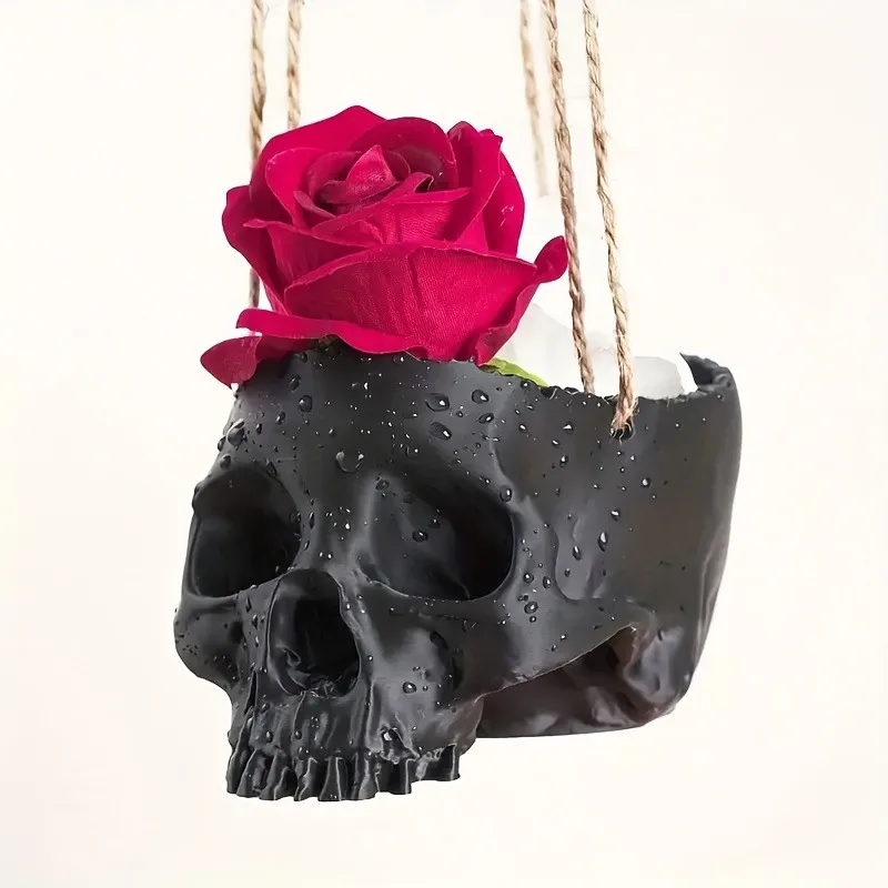 1pc Gothic Skull Hanging Planter - 3D Printed Plastic, Lightweight Bohemian Indoor/Outdoor Pot, with Green Bead Garland Perfect