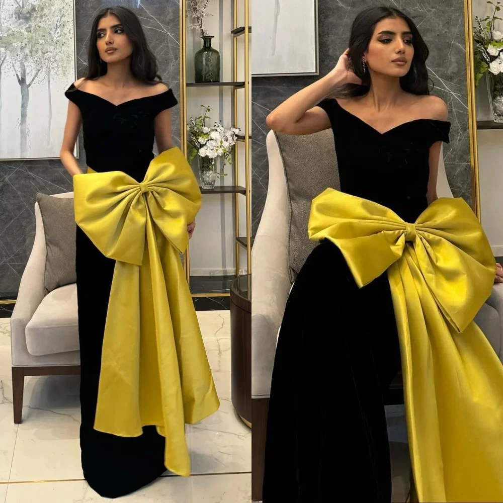 

Customized Prom Dress Saudi Arabia Simple Off-the-shoulder Sheath Floor Length Evening Es Bows Vertically Satin Customi