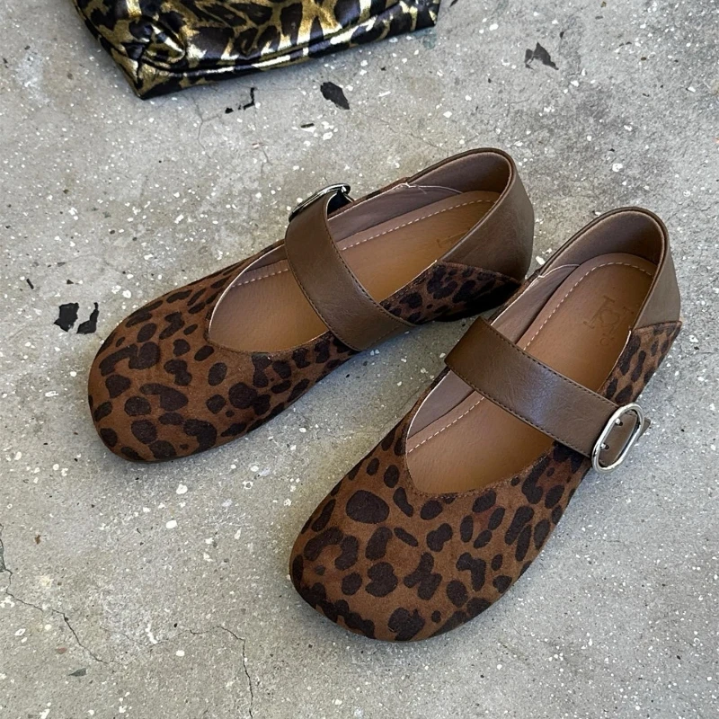 

Korean version suede round-toe slip-on leopard print Mary Jane shoes 2025 autumn new style retro soft-soled low-cut single shoes