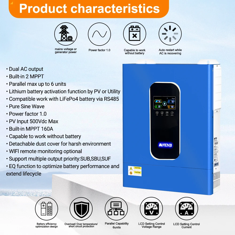 ANENJI 11KW 48V Hybrid Solar Inverter Dual Output Built-in 2* 5500W 120A MPPT & Wifi For PV 500Vdc AC 230Vac Support Parallel