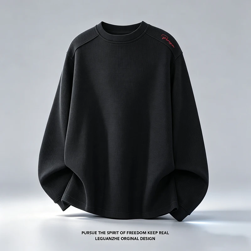 Herren-T-Shirt mit Waffelstruktur, Rundhalsausschnitt, langen Ärmeln, einfarbig, lockerer Schnitt, Stickerei-Details, lässiges Basic-Oberteil, Streetwear-Outfit – Detail 6
