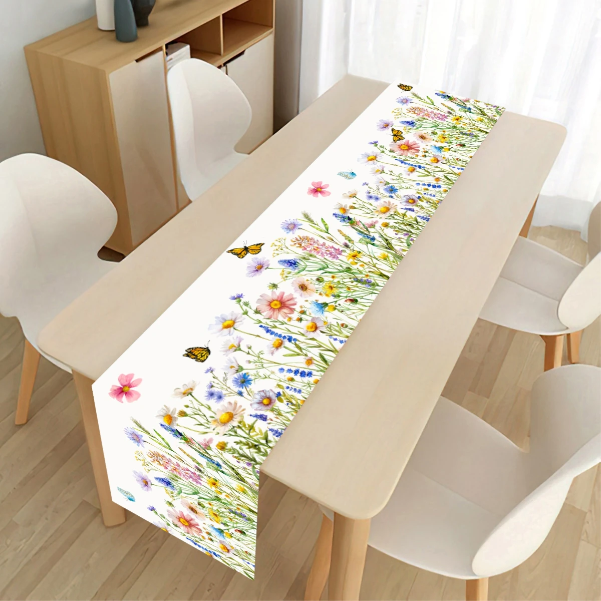 

180x35cm Floral Leaves Table Runner Daisy Lavender Table Runner Spring Kitchen Dining Table Decoration for Home Party Decoration