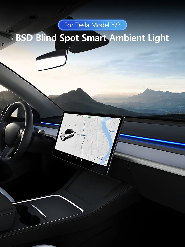 YOHON Smart Ambiente-Lichtleiste für Tesla Model Y 3 2021-2026 Totwinkel-Warnung Geschwindigkeitsalarm RGB LED-Streifen Innenraum-Zubehör