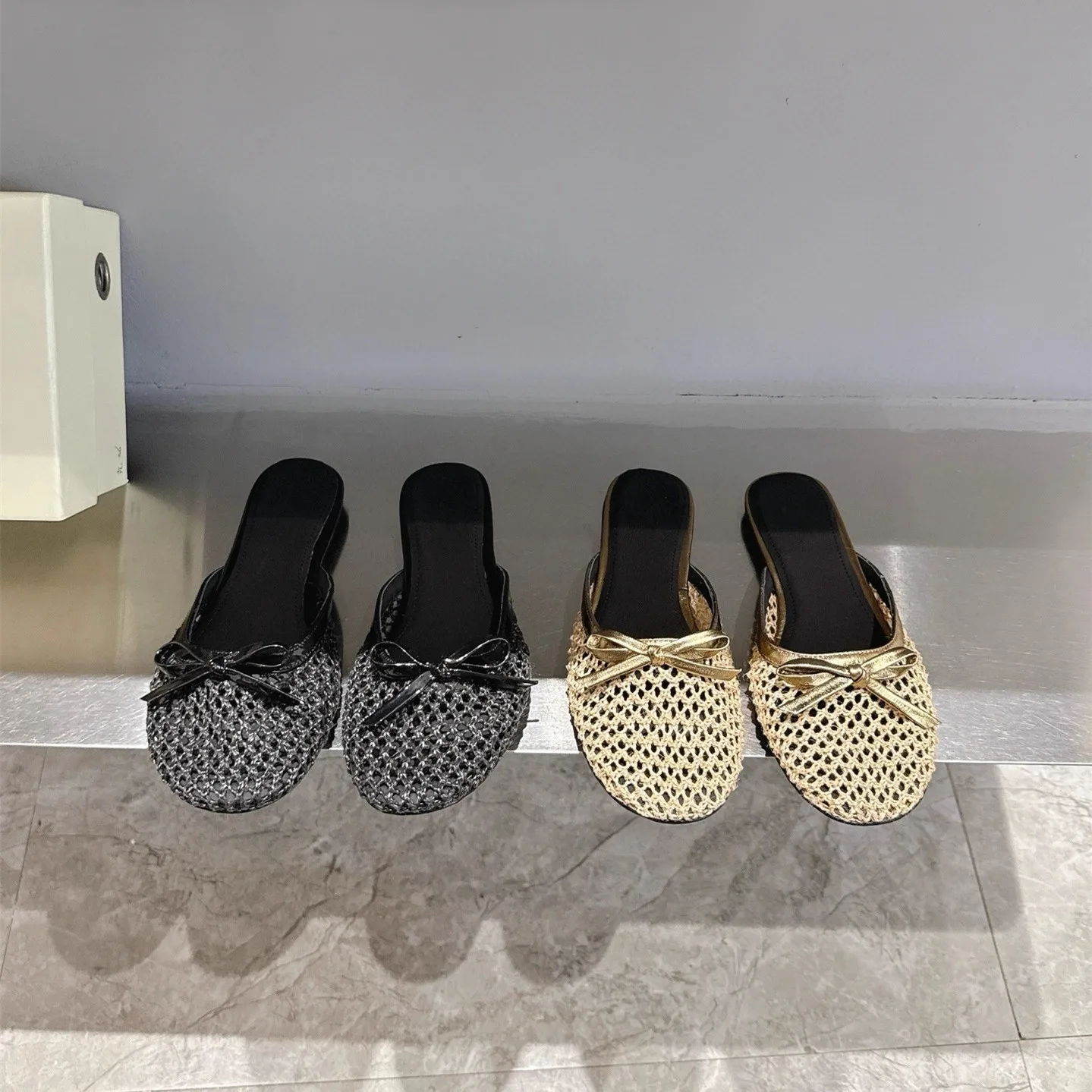 Zapatos de Ballet con Nudo de mariposa para mujer, sandalias Mary Jane de fondo plano, media zapatilla Baotou, tejido hueco de diseñador de lujo