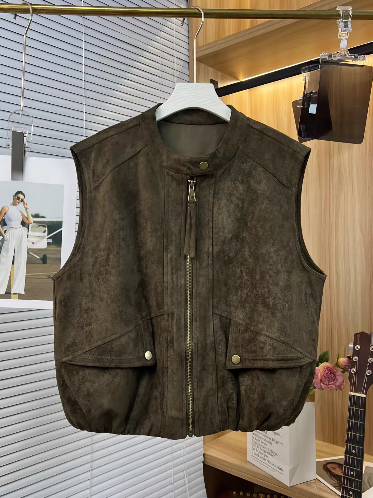 Retro Lapel Suede Vest Women's Spring Autumn Loose Casual Anti-Aging Vest Shoulder Coat Casual Style Pure Color Zipper