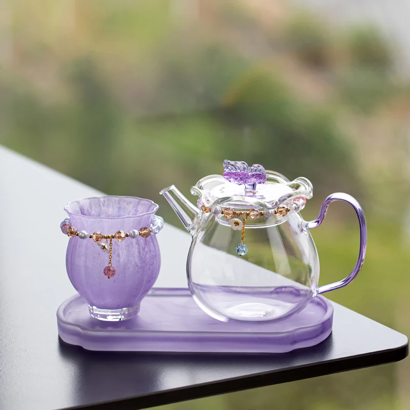 ‌Luxury Handblown Glass Tea Goblet with Mother of Pearl Coaster Solo Purple Tea Cup Set High End Tea Ritual Brewing Accessories