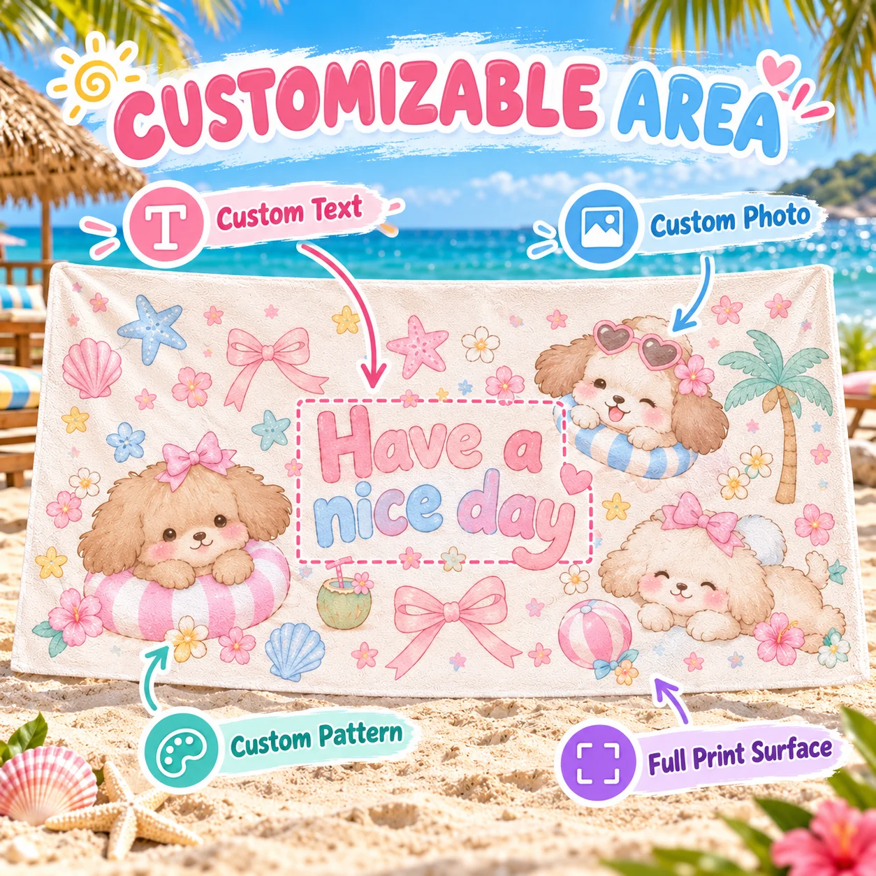 Custom Beach Towel Personalized Photo Swim Towel Soft Terry Cloth Fabric for Pool Seaside Surfing Travel Summer Vacation Gift