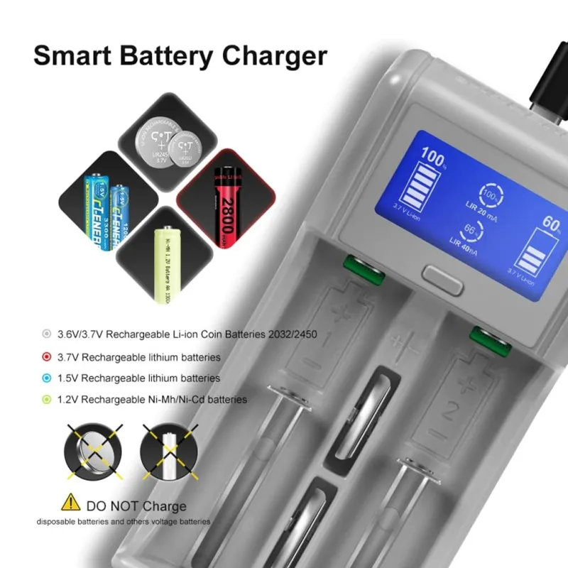 Smart Battery Charger AA/AAA/18490/18350/17670/17500 Quick Charging LIR2450/LIR2032 Coin Batteries Charger for Lithium/NiMH/NiCD