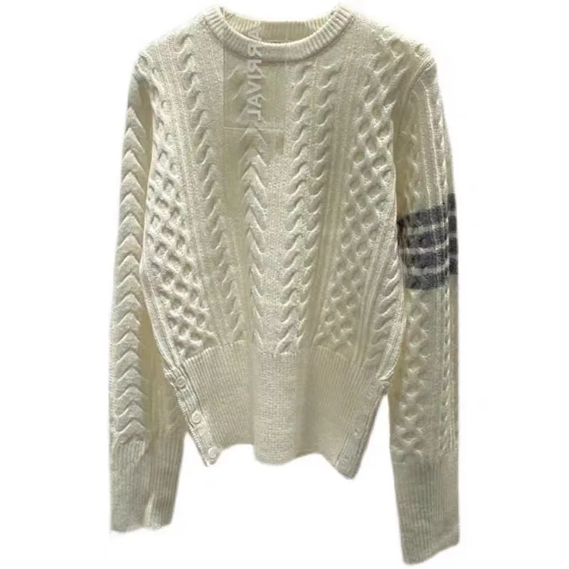 Fall/Winter 2024 Four Bar Round Neck Fried Dough Twists Wave Wool Knitted Pullover Sweater Long Sleeve Versatile Top