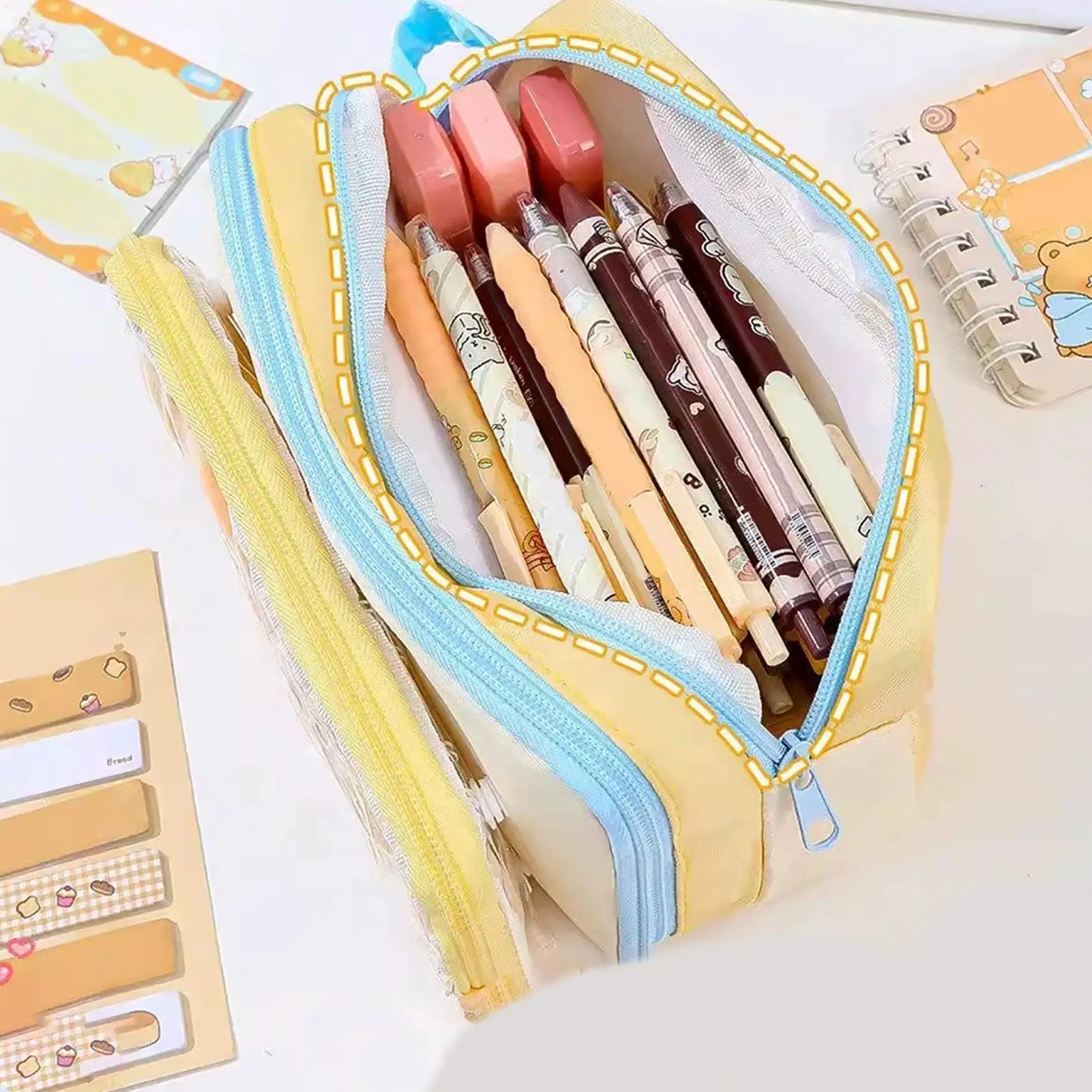 Pencil Bag With Supplies 30 Pieces Cartoon Cheese Large Capacity Kids School Supplies Set For Home After-Class Sketching Weekend