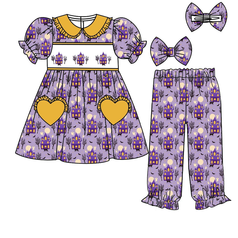 Halloween Boutique Children's Pajama Suit Short Sleeve Long Pants Bat Print Lapel Girls And Boys