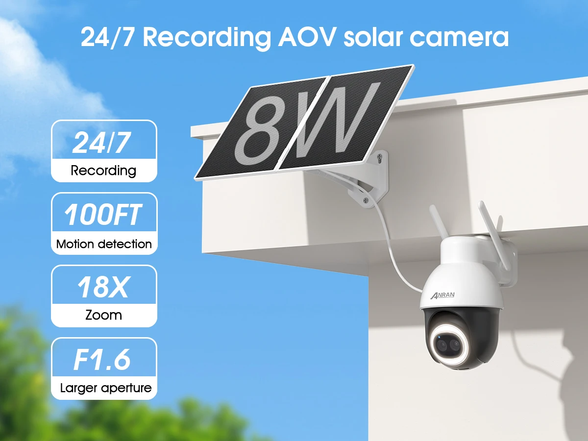 ANRAN 5MP+3MP Dual lens Solar Camera Wide-angle lens AOV 24/7 Recording 2.4G WIFI Camera X18 Optical Zoom,8600mAh Battery