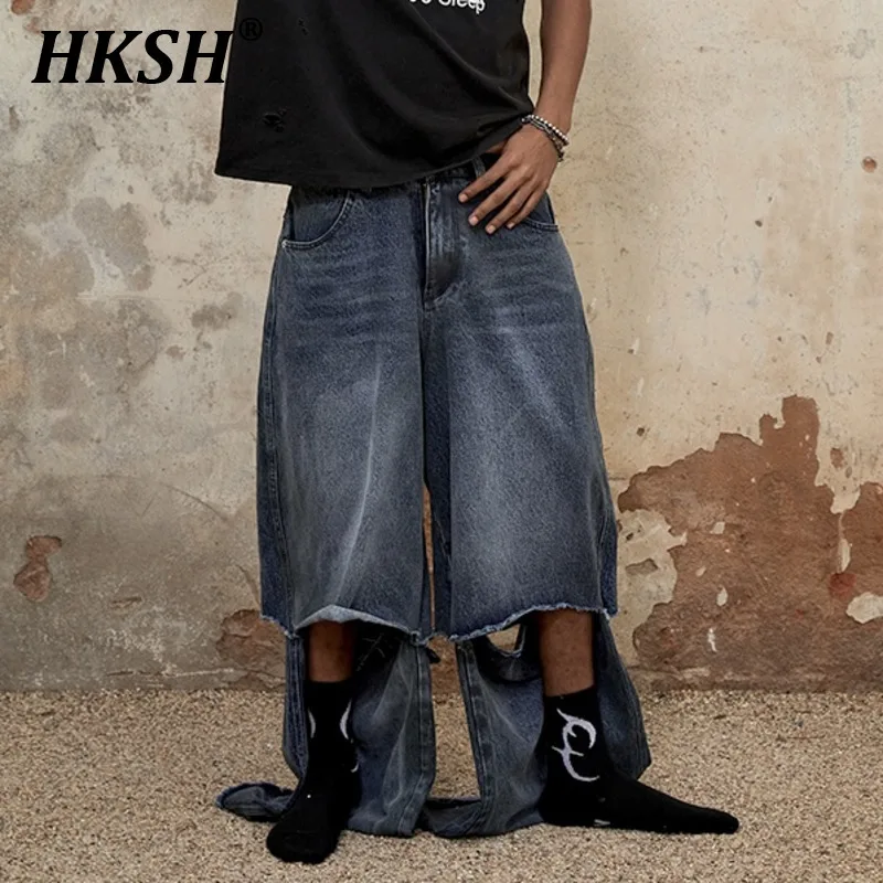 HKSH 2024 Spring Summer New Men's Tide Vintage Wide Leg Destructive Design Detachable Denim Pants Loose Casual Chic Jeans HK2172