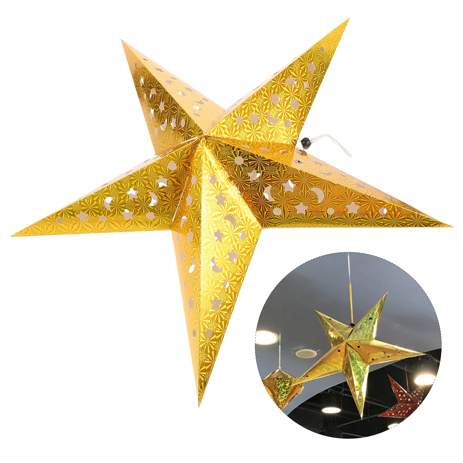 

2 Pcs Pentagram Pendant Gold Decor Lantern Hanging Lampshade Star Shape Christmas Tree Topper Paper Ceiling Garland 3D Stars