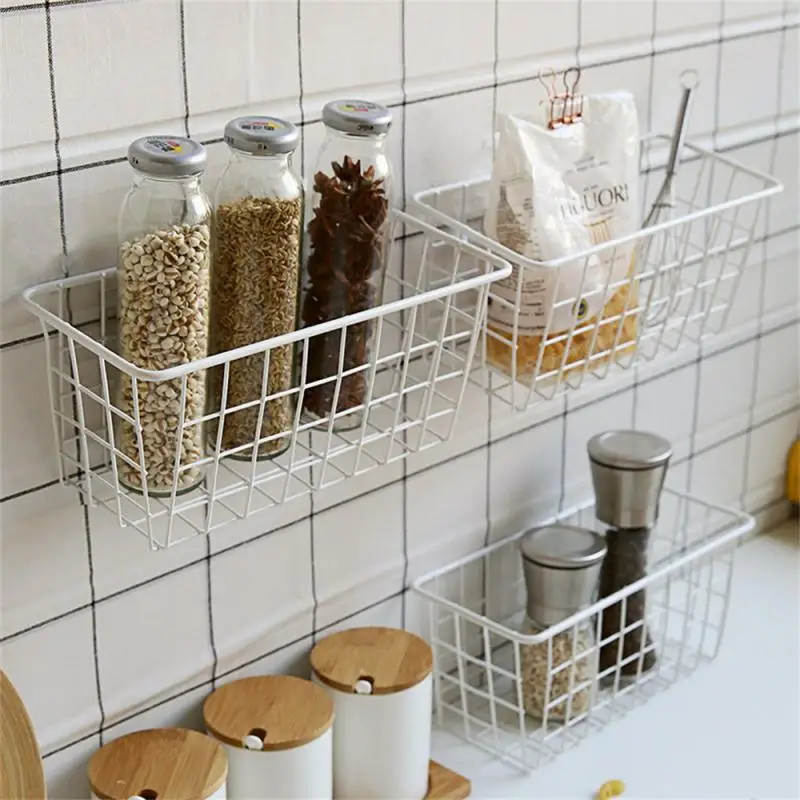 Wrought Iron Kitchen Seasoning Storage Baskets Cosmetic Storage Basket Bathroom Rectangular Storage Box Wall Hanging Rack Cocina