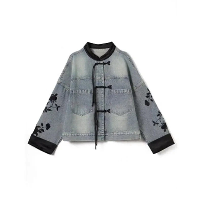 2025 New Vintage print Denim Jacket Women Spring Autumn fashion Long sleeve Jeans Short Coat female Loose Cowboy Outwear T167