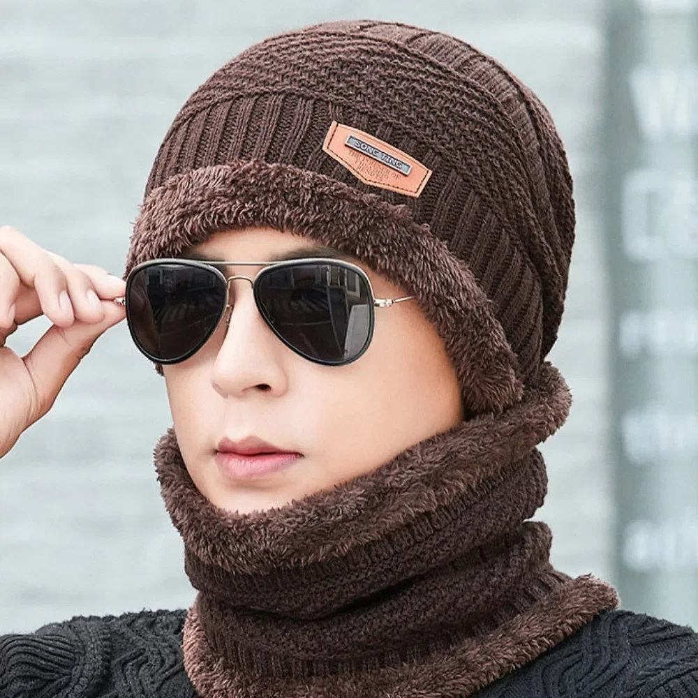 1Set Thicken Plush Scarf Hats Women Men Winter Warm Knitting Beanies Caps Outdoor Theremal Sport Cycling Neck Warmer Mask Hats