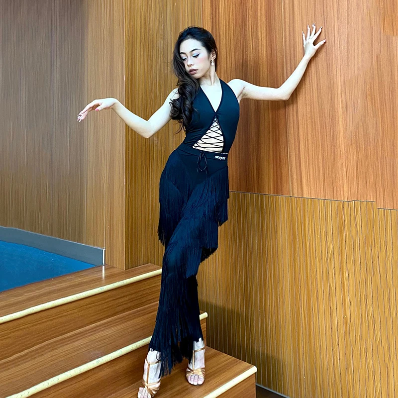 New Latin Dance Clothes Women Backless Black Tops Tassel Pants Cha Cha Performance Costume Samba Rumba Dance Outfits DNV18716