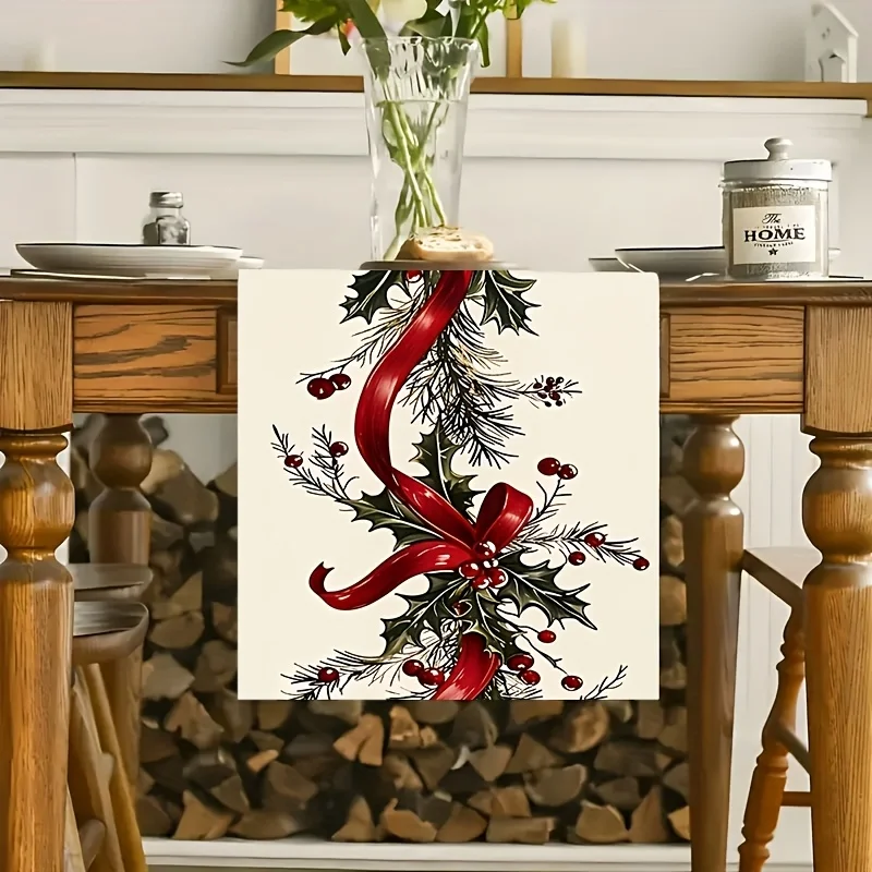 Vintage Christmas Table Runner, Holly Leaf Red Berry Print, Farmhouse Holiday Table Runner for Xmas Family Dinner Decor