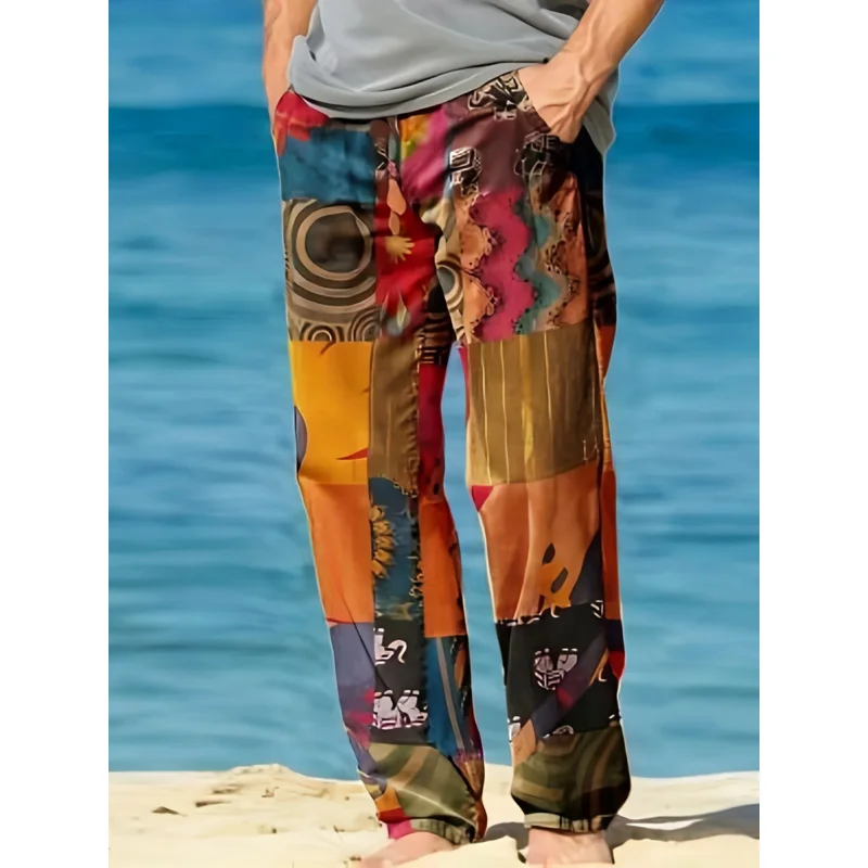 2025 الصيف الرجال الشاطئ سراويل تقليدية ريترو مطبوعة فضفاض مستقيم السراويل الرباط مطاطا الرجال الربيع ملابس خفيفة الوزن