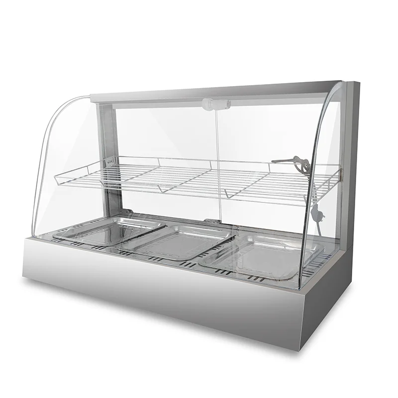 Professional stainless steel curved glass fast food preservation display case for hotels and restaurants