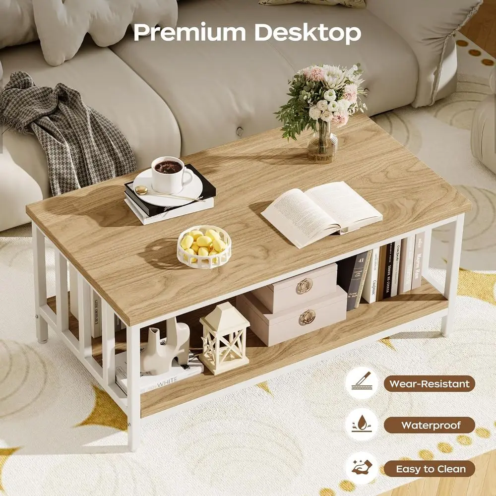 Modern Farmhouse Coffee Table with Slatted Sides, 2-Tier Storage, 39 Light Coffee for Living Room & Home Office