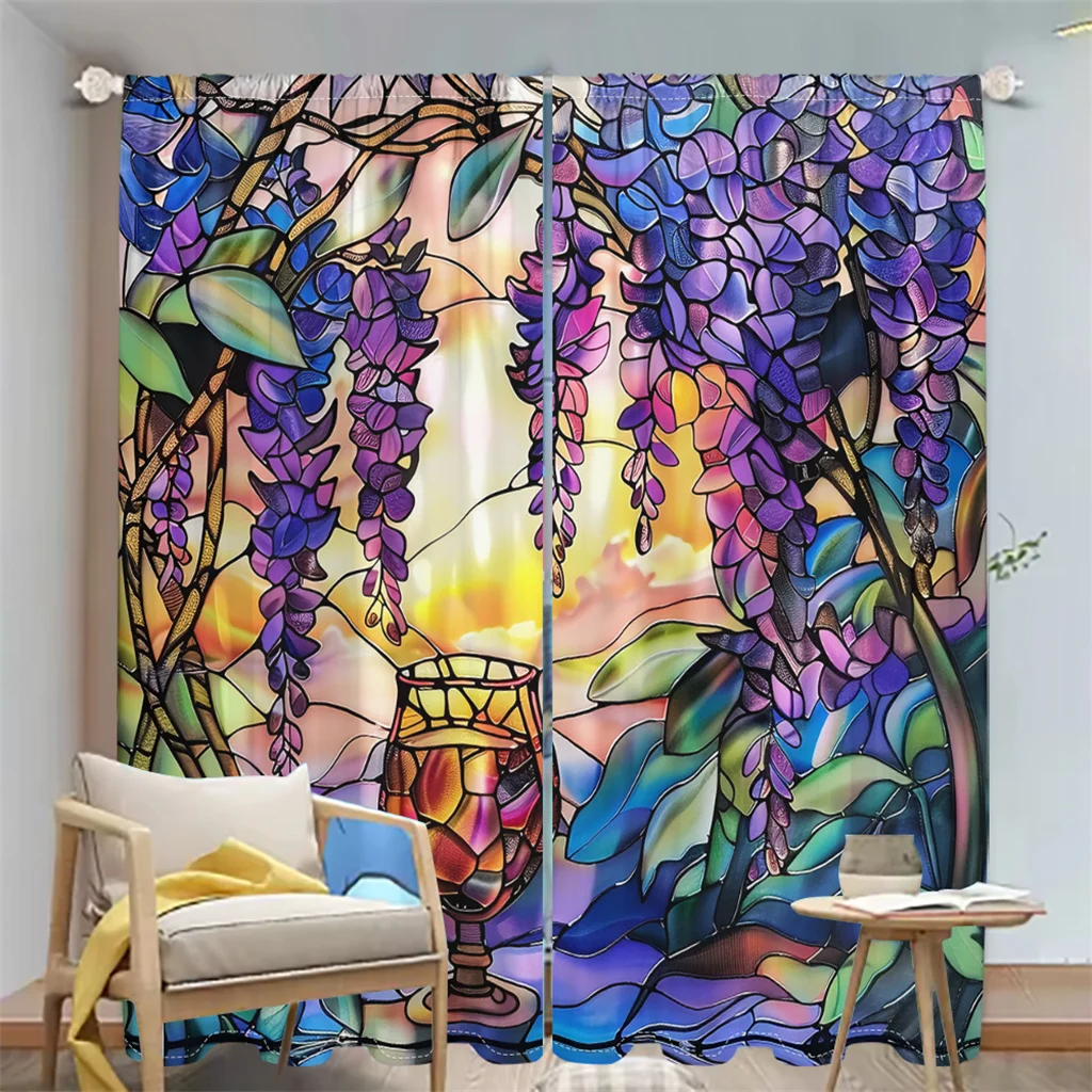 European Stained Glass Wisteria Flower Print Pattern Shade Curtains 2 Panel Living Room Bedroom Balcony Kitchen Window Decor