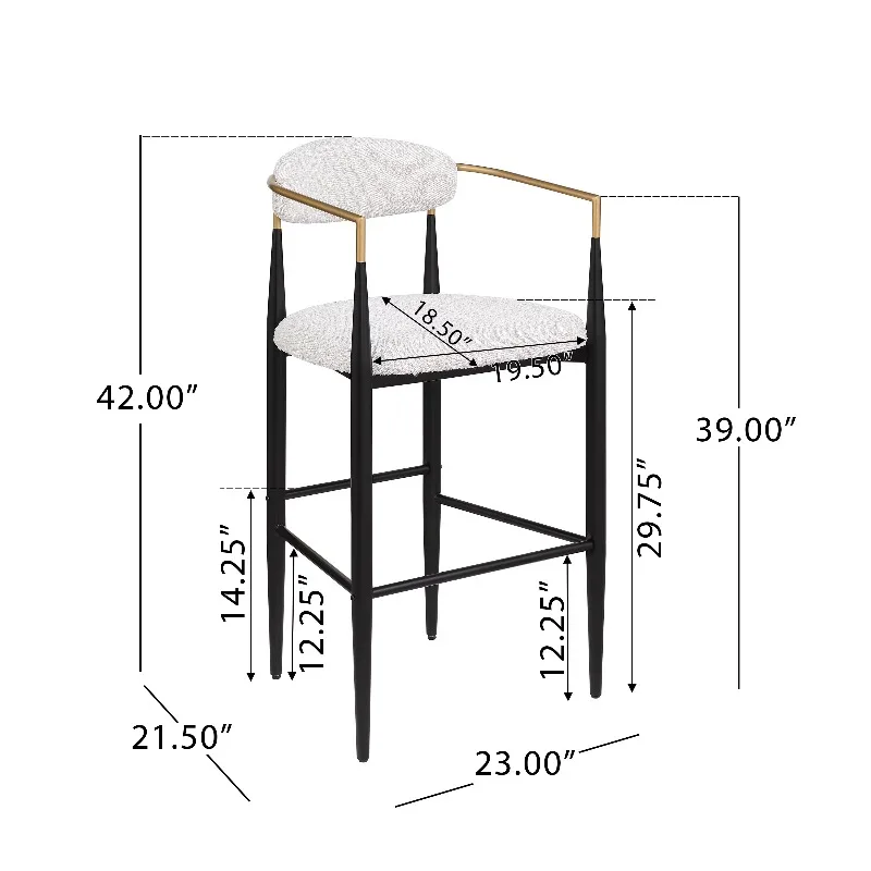Modern bar stool 2-piece set with upholstered backrest, iron legs, beige fabric seat, eco-friendly, 260 lbs