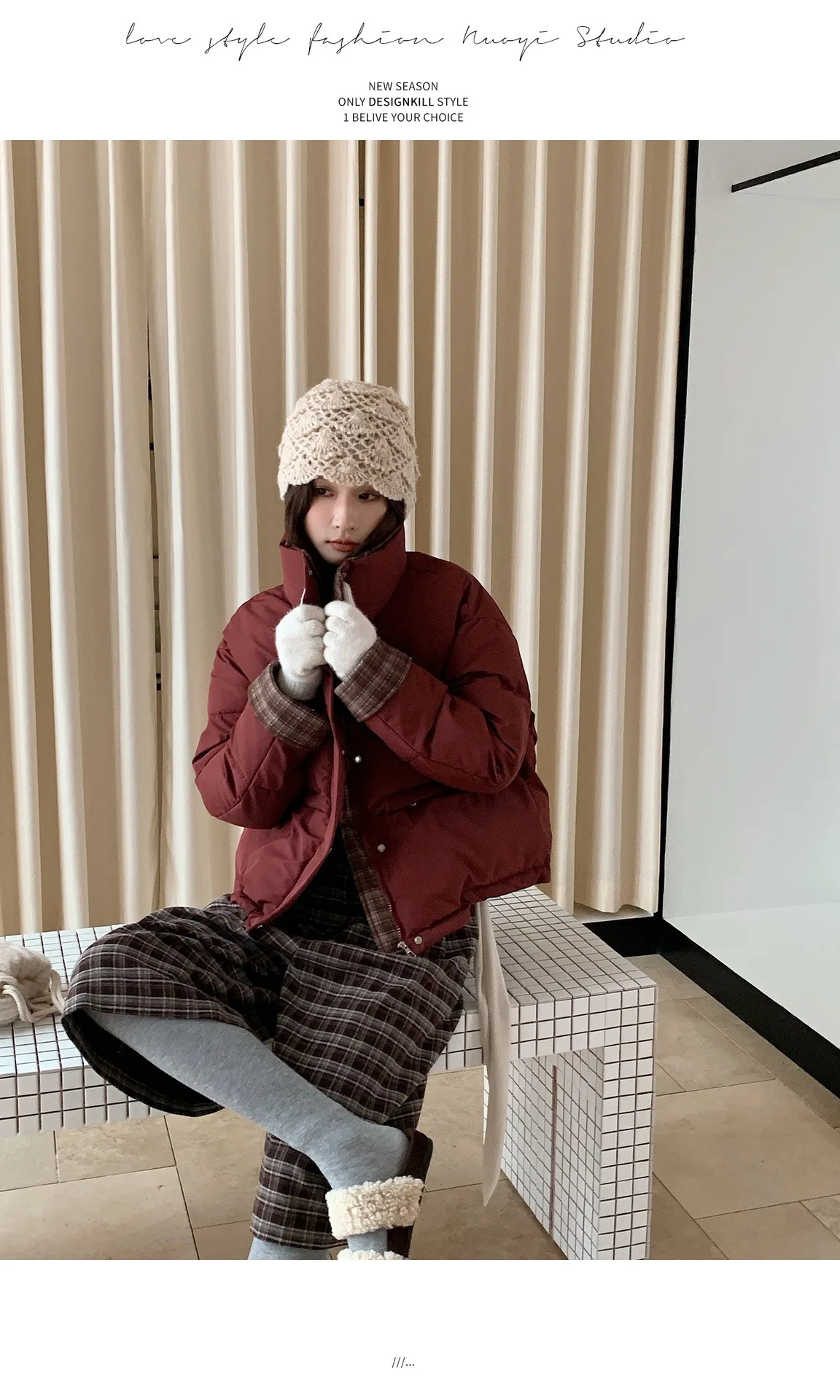 American Plaid Patchwork Puffer Jacket Women Winter Thick Stand Collar Short Parkas Woman Korean Casual Preppy Style Outerwear