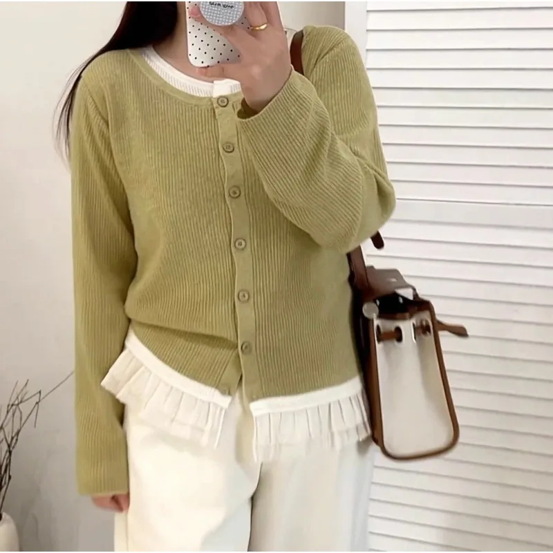 Women's Fake Two-piece Top Women's Spliced Jacket 2025 Autumn Loose Knitted Cardigan