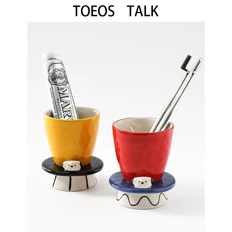 Cute Cartoon Dog Ceramic Toothbrush Cup Set Creative Bathroom Accessories Dental Care Utensils High Aesthetic Value for Home ...