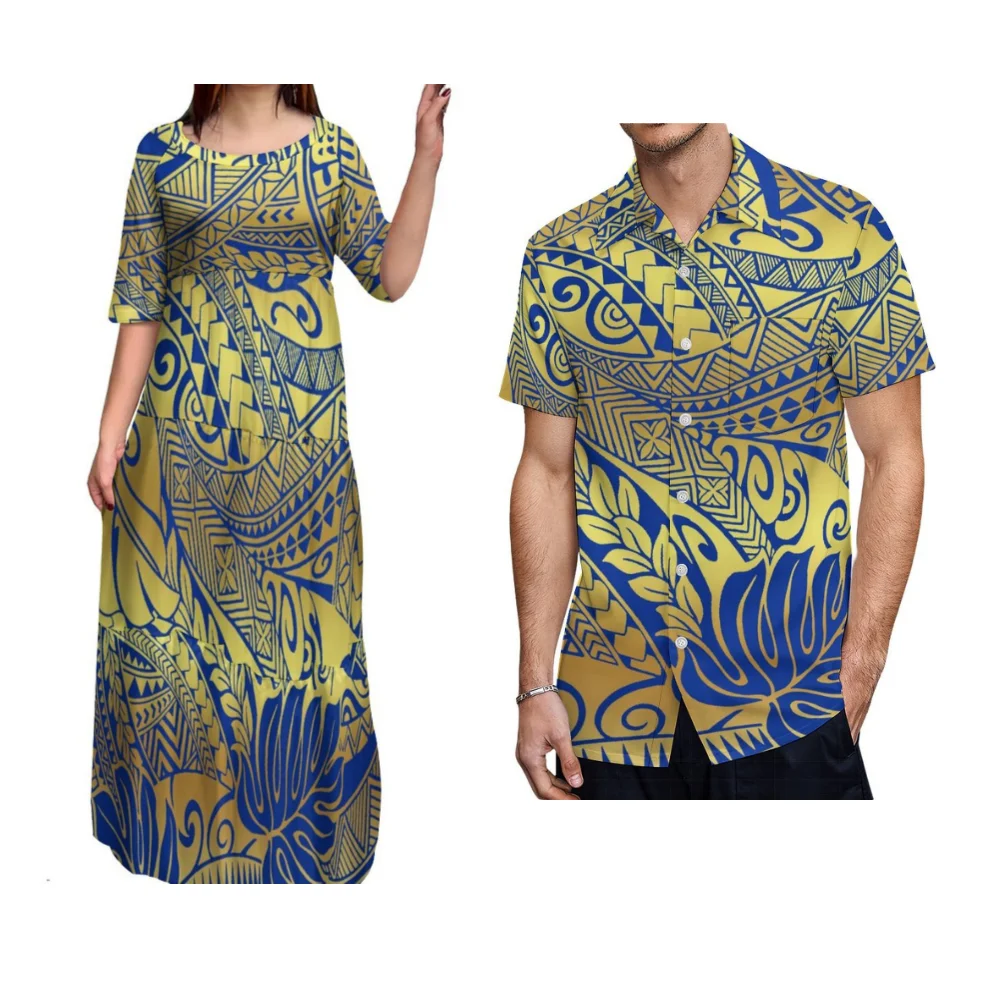 وشملت الضرائب ساموا القبلية الأزهار طباعة مخصص الرجعية الفن نمط فستان قميص البولينيزية زوجين الملابس تصميم جديد