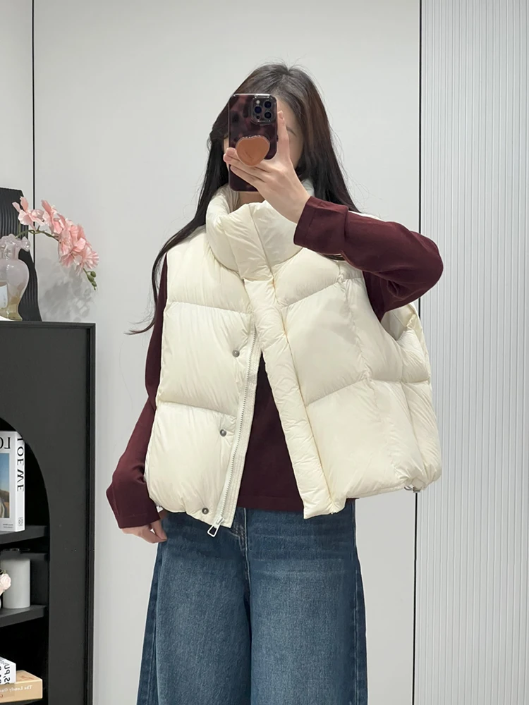 

Осень-зима, пушистый воротник-стойка, теплый пуховый жилет на молнии, свободный жилет, верхняя одежда, однотонные пушистые жилеты на белом утином пуху JJ1086